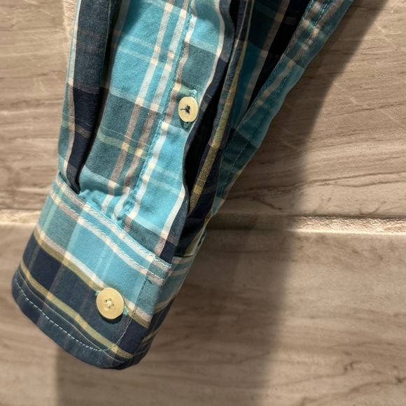 John Bartlett Consensus Button Up Shirt Medium Teal and White Plaid Long Sleeve - Picture 7 of 10